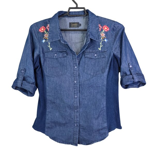 Women Cavalini Blue Denim Collection Embroider Floral Shirt Roll Tab Sleeve L - Picture 1 of 9